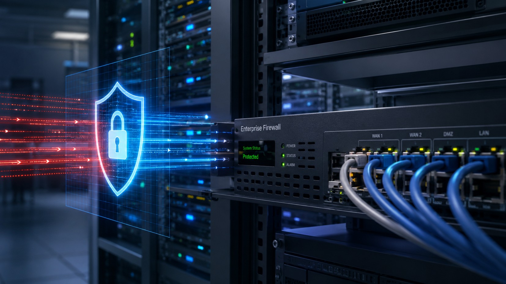 Enterprise firewall appliance and shield graphic used for firewall security assessment review