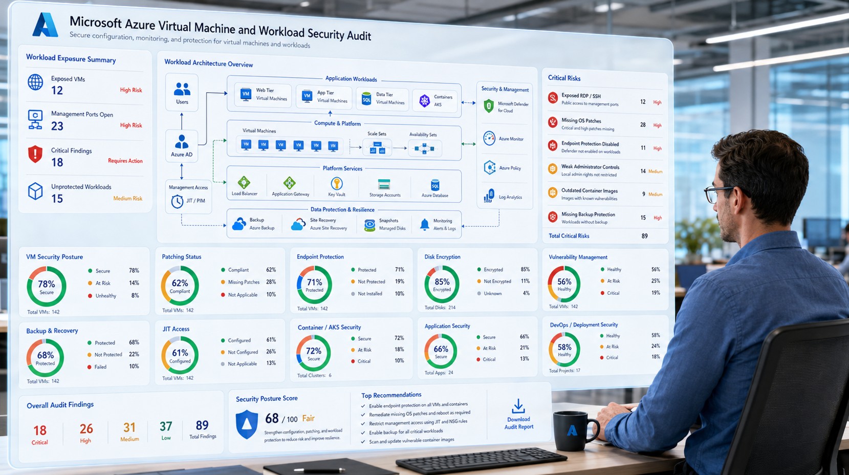 Implement Microsoft Azure Security 2 Microsoft Azure cloud security assessment dashboard for workloads and virtual machine security