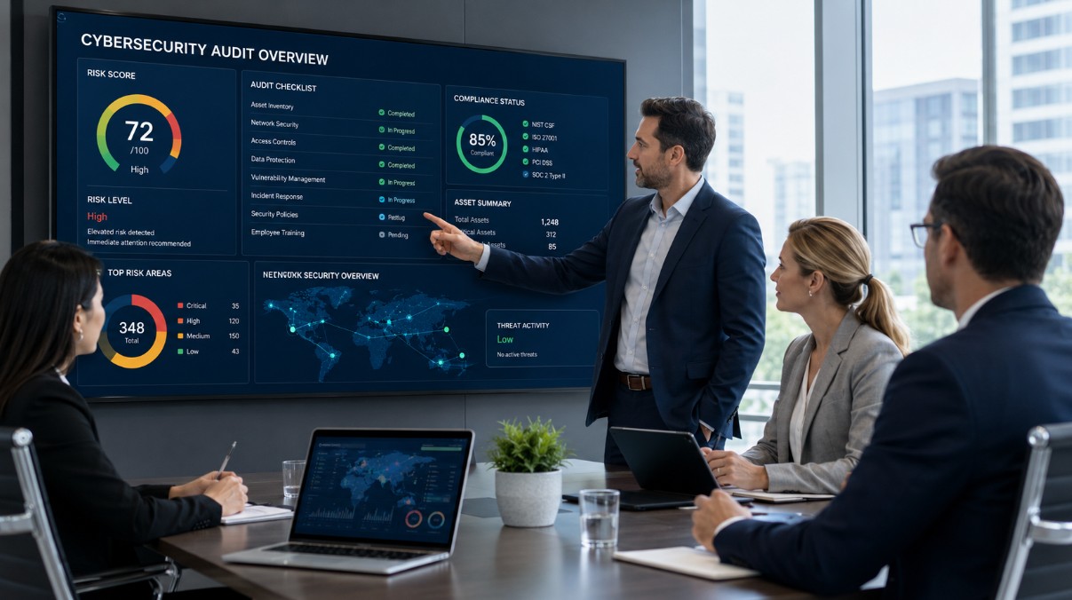 Cybersecurity audit dashboard review for business risk management