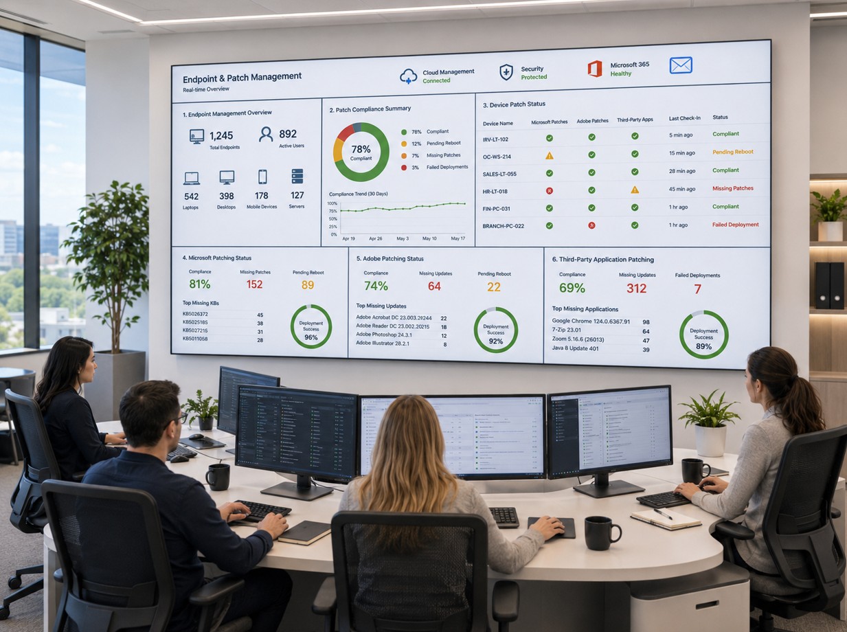 Endpoint Security Services in Orange County 1 Endpoint and patch management dashboard reviewed by a security operations team