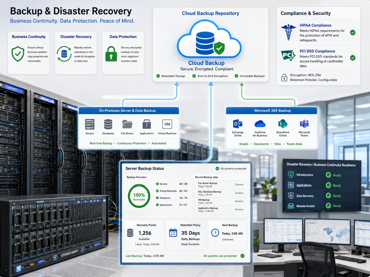 Business continuity and disaster recovery architecture for backup, Microsoft 365, servers, cloud, and compliance controls