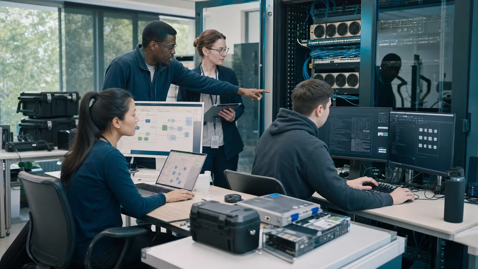 AI Security Governance in 2026: What Businesses Should Inventory, Approve, Monitor, and Test 2 AI security assurance team testing model data boundaries, connected infrastructure, and human approval controls in a technical lab