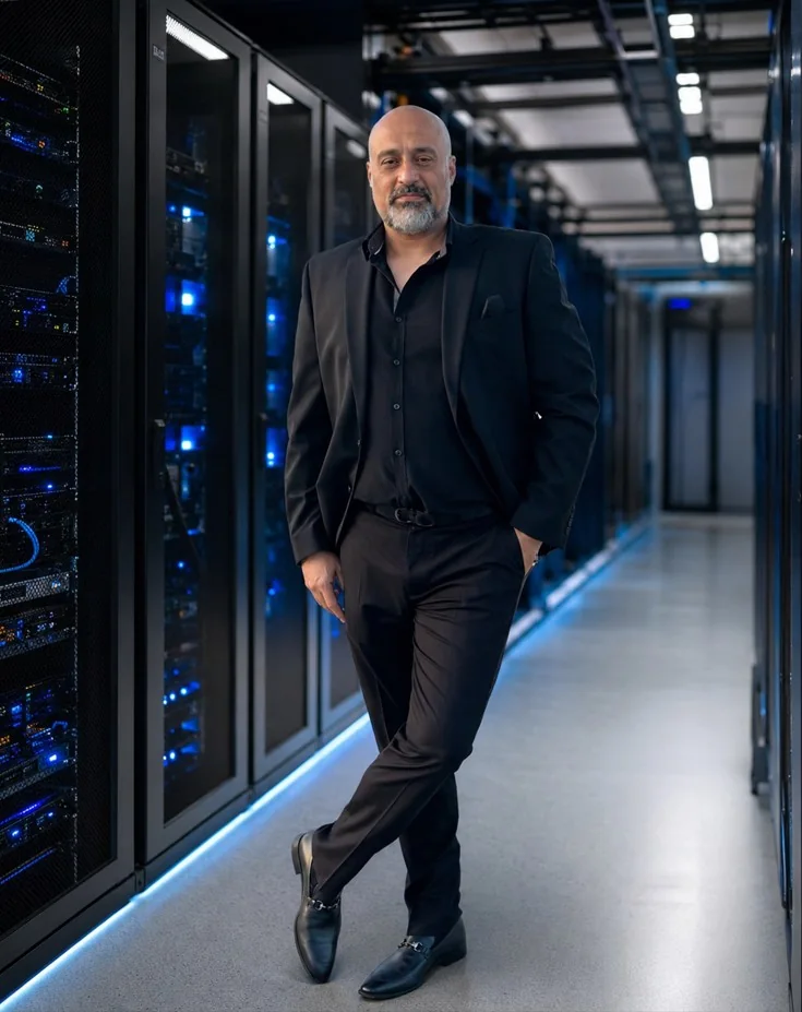Ali Hassani, CISO and cybersecurity consultant, standing in a professional data center