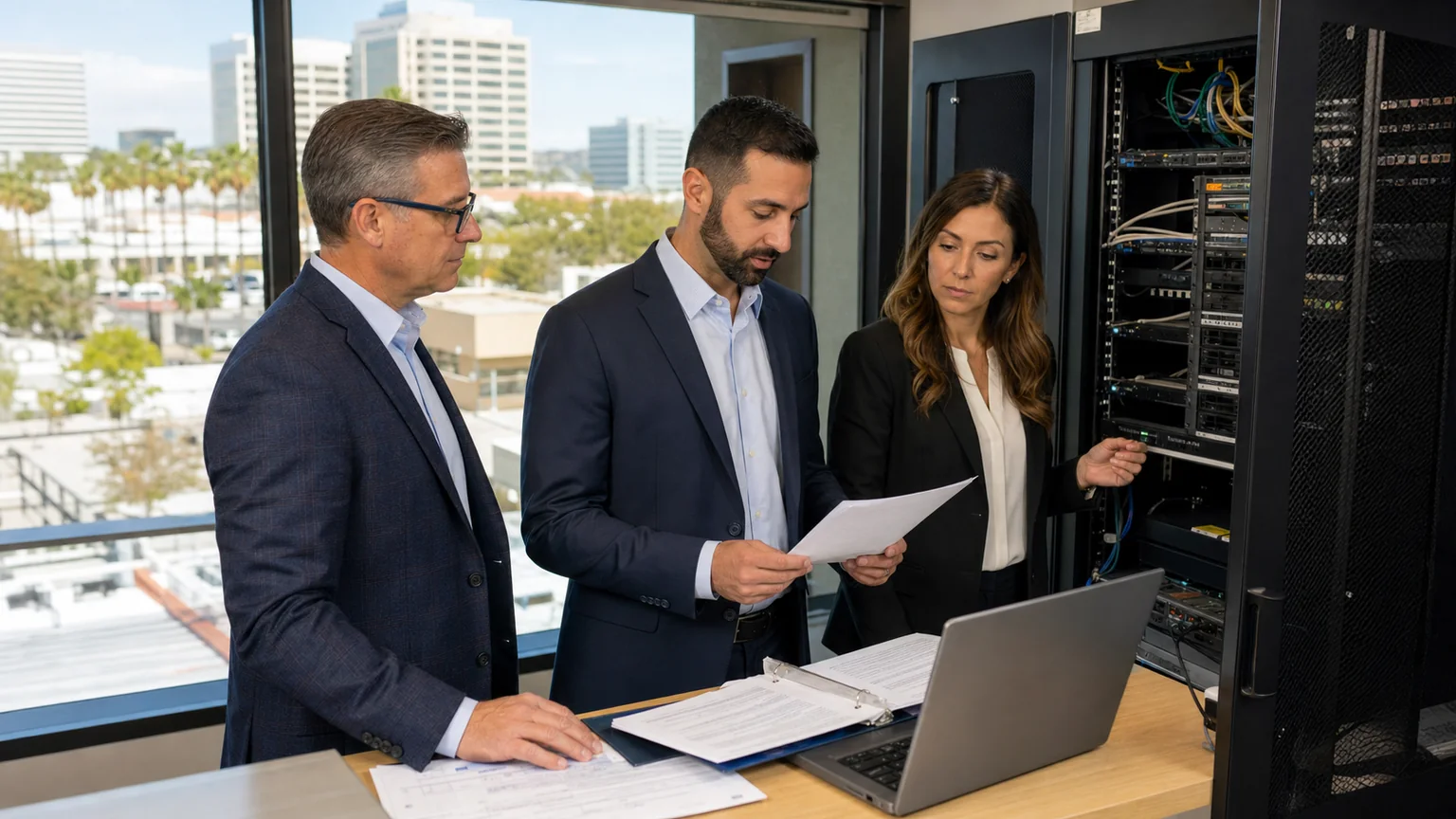 California business leaders and a technical auditor validating cybersecurity evidence beside the systems within audit scope