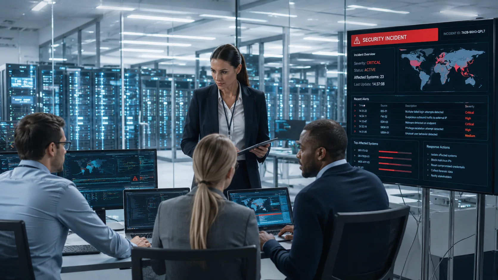 Cybersecurity incident response team reviewing alerts, Microsoft 365 activity, endpoint telemetry, and investigation evidence