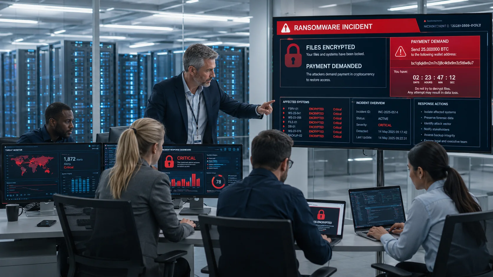 Ransomware incident response meeting with protected dashboard framing for containment and recovery planning