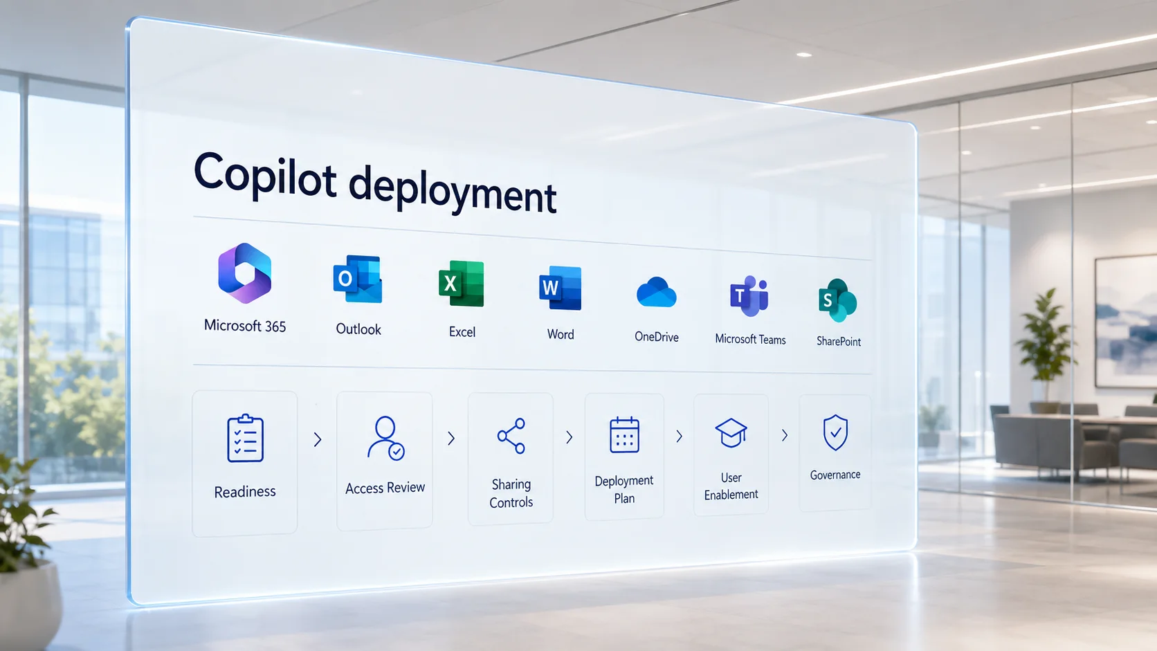 Microsoft 365 Copilot deployment readiness process for access review, data protection, user training and governance