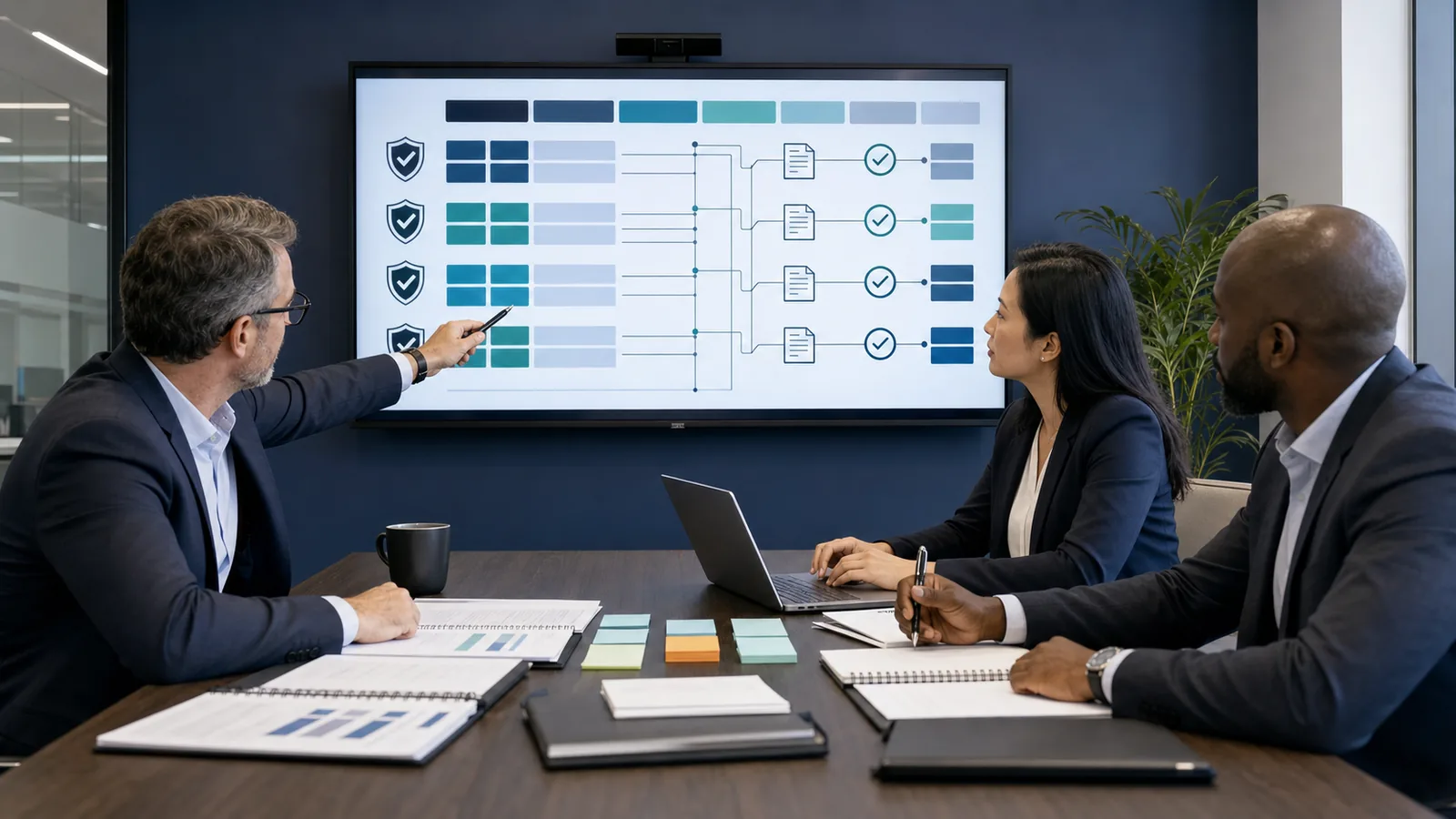 Cybersecurity audit team mapping control objectives, evidence, tests, and framework requirements