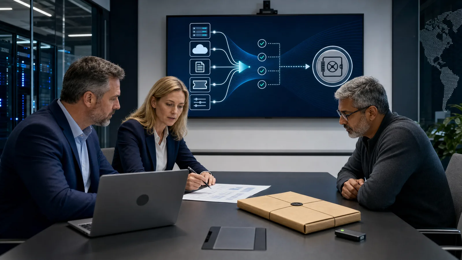 Cybersecurity auditors validating and protecting configuration, log, ticket, and system-generated evidence