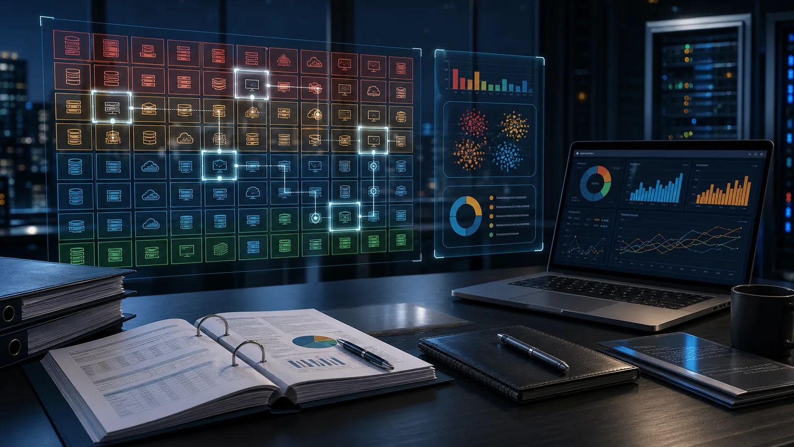 Cybersecurity audit sampling workspace showing a complete technology population, stratified risk groups, selected assets, audit records, and analytical dashboards