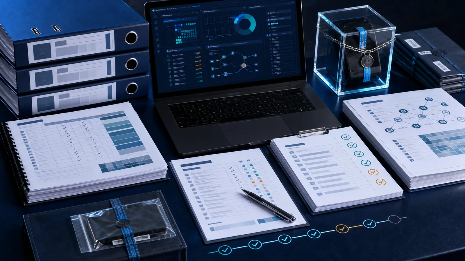 Secure cybersecurity audit workpaper workspace with evidence binders, test sheets, review marks, and an audit trail dashboard