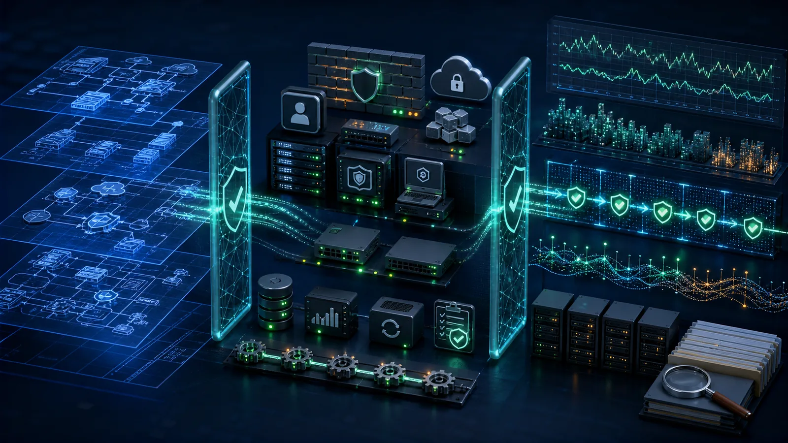 Cybersecurity control testing environment showing security architecture, implemented safeguards, verification gates, repeated operating evidence, and audit records