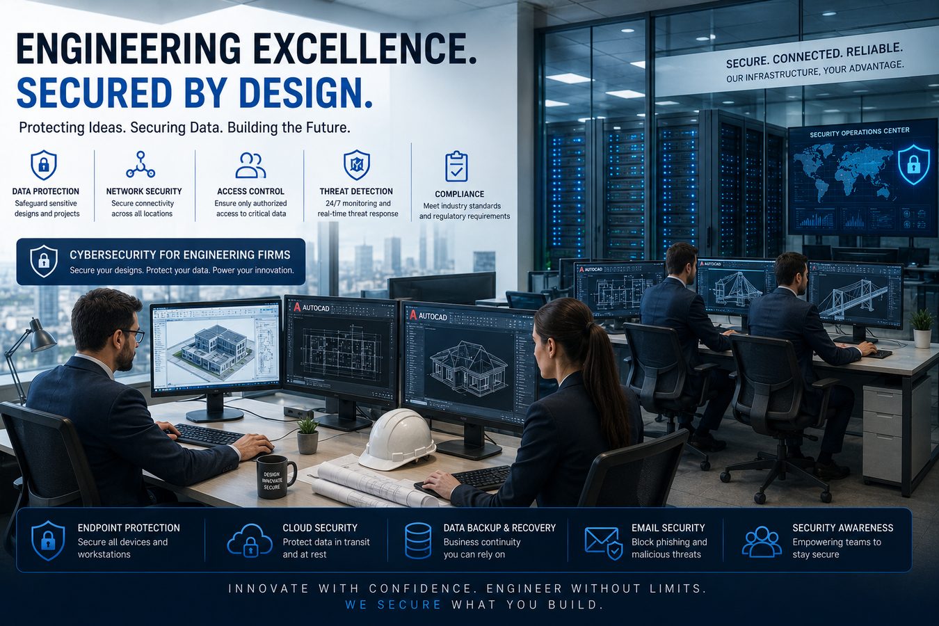 Engineering firm cybersecurity for CAD systems, intellectual property, project files, and secure collaboration in Orange County