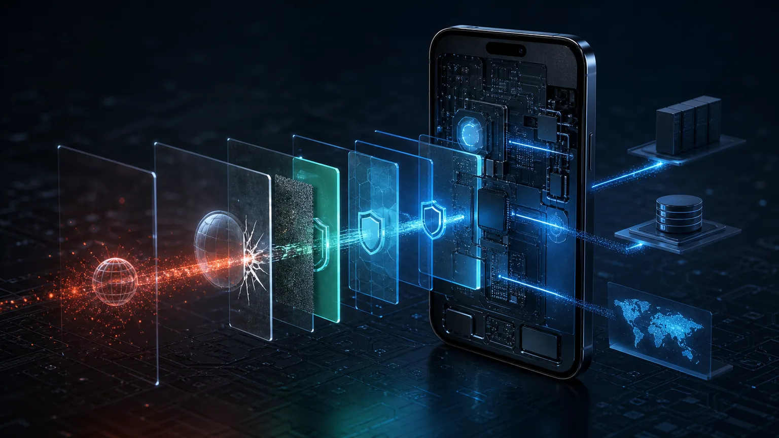 Business iPhone isolated inside a layered mobile security investigation showing a web entry path, operating system boundaries, and defensive telemetry