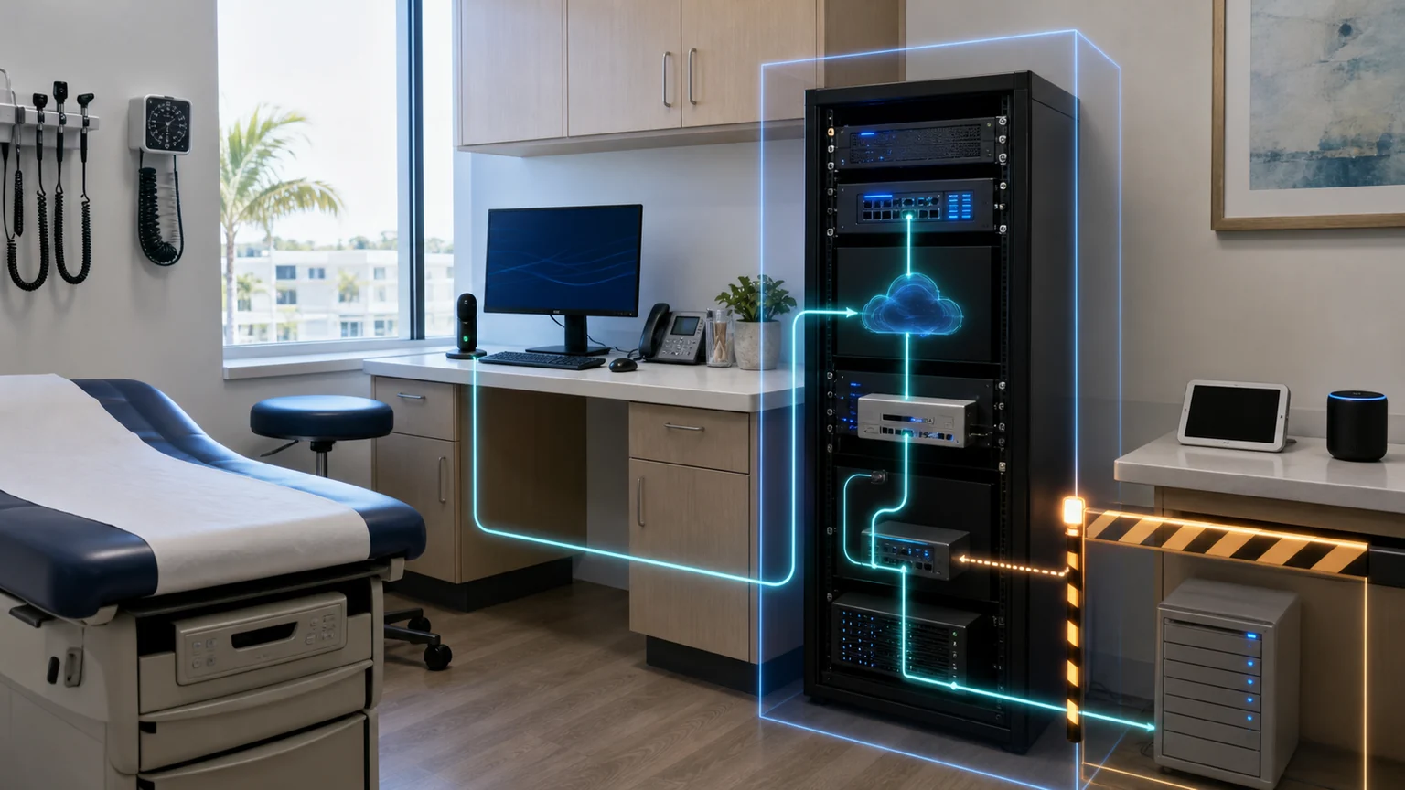 Realistic outpatient clinic data path showing medical records moving through approved transcription and summarization controls while unapproved consumer AI is isolated
