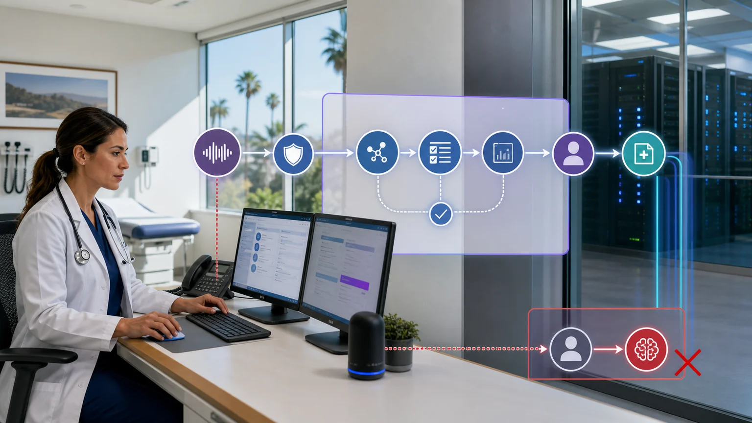 Healthcare AI workflow connecting a clinic, protected health information boundary, approved cloud service, audit evidence, and human clinical review without patient identifiers