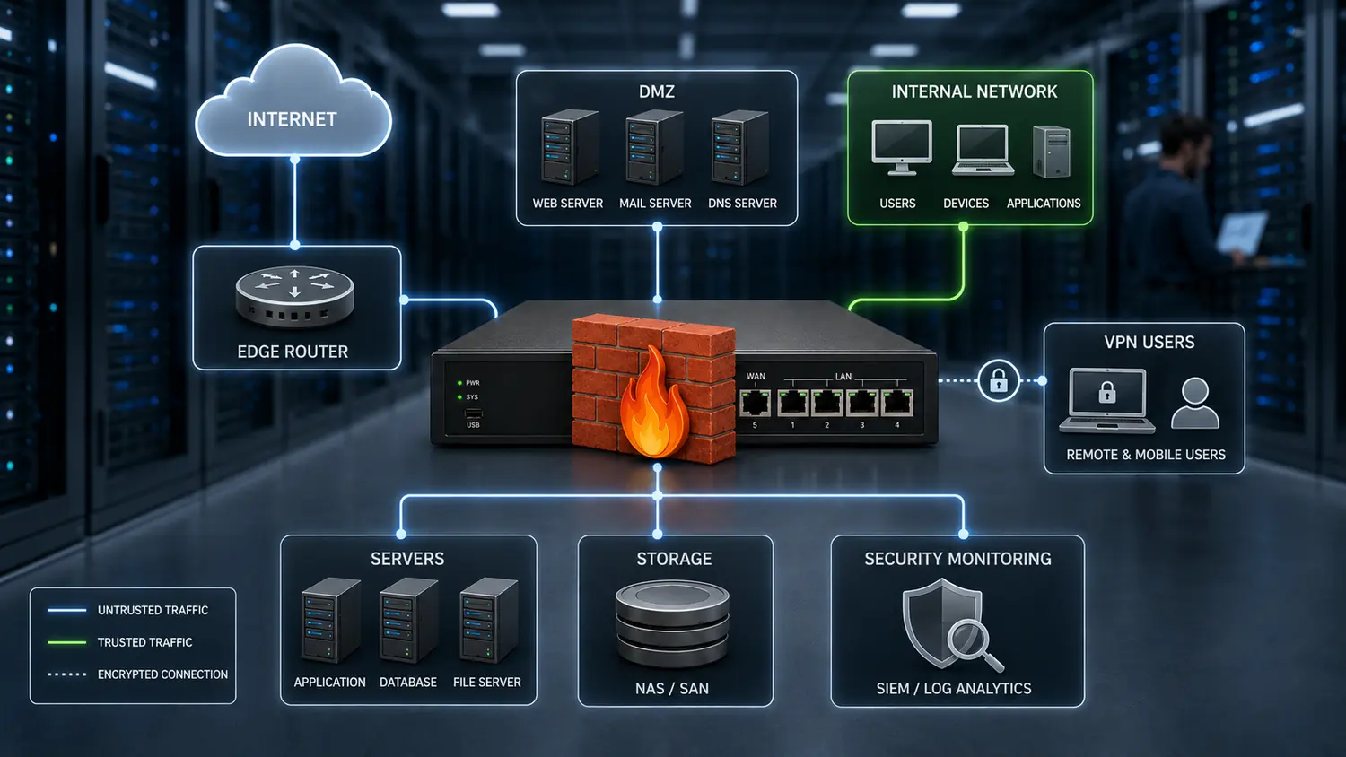 Firewall network diagram showing internet, DMZ, internal network, VPN users, servers, storage, and security monitoring