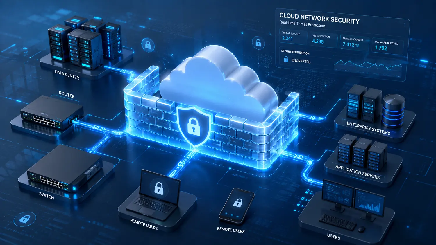 Cloud network security firewall with encrypted remote users, application servers, enterprise systems, and monitoring