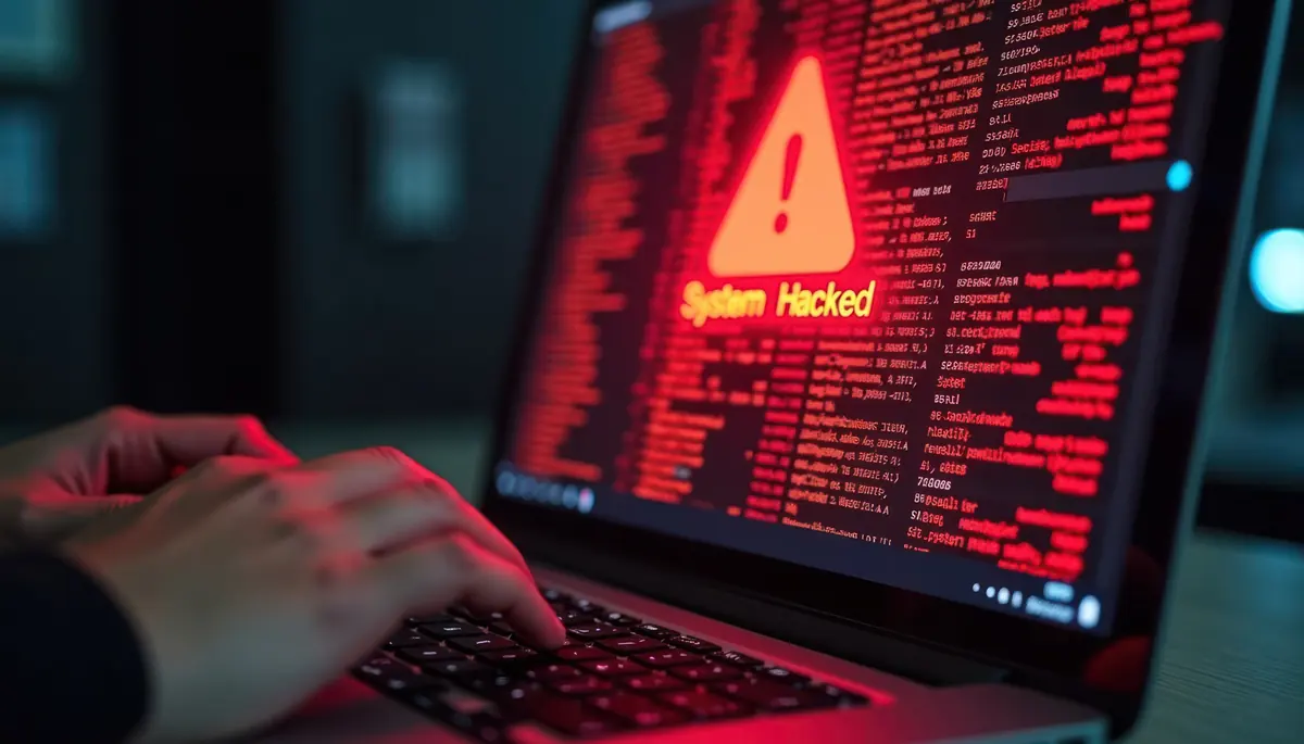System hacked red alert on laptop screen