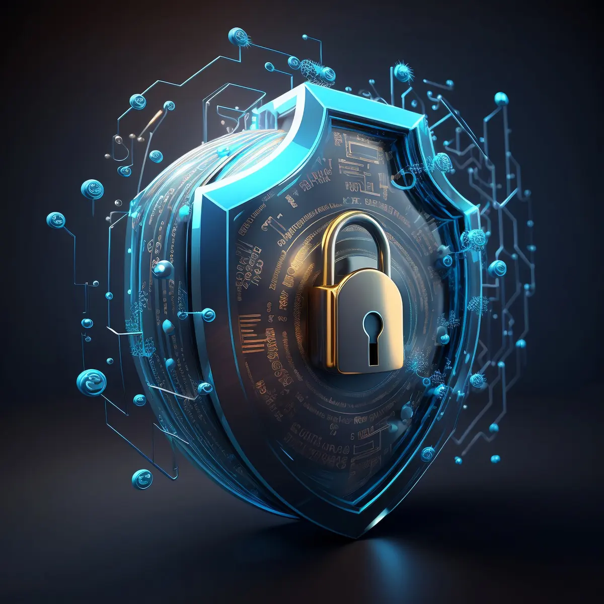 Cybersecurity shield and padlock graphic