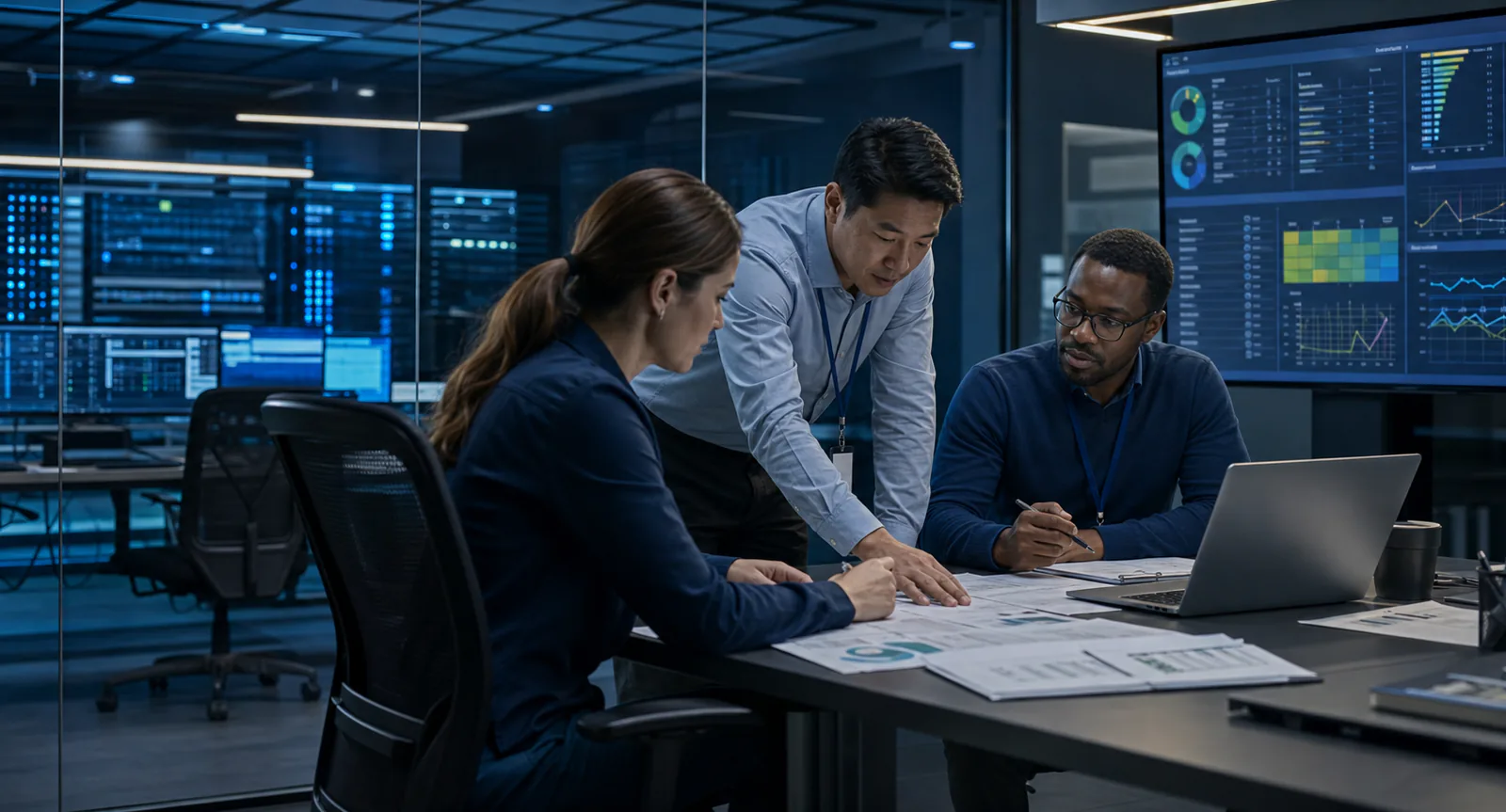 Internal security auditors reviewing evidence, access controls, workpapers, and risk-based test results