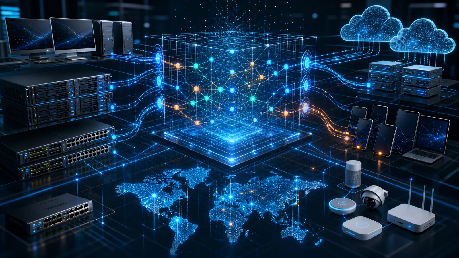 IT asset inventory audit reconciliation showing endpoints, servers, network devices, cloud resources, mobile devices, and IoT systems converging into a verified asset map