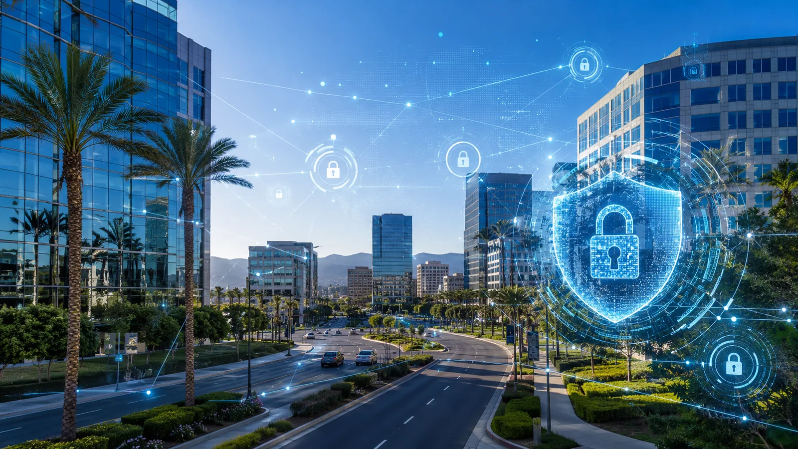 Irvine business district with a cybersecurity shield representing managed IT services