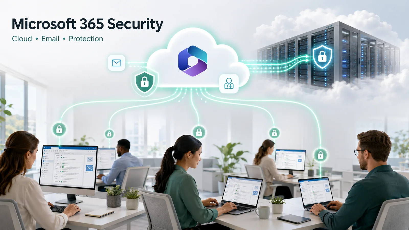 Microsoft 365 managed services illustration showing protected cloud, email, users, and business devices