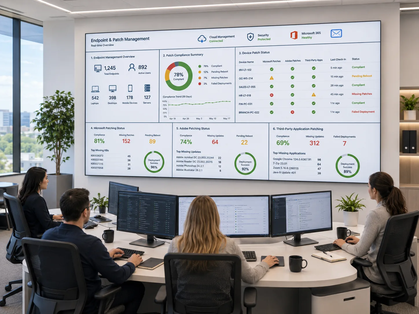 Endpoint and patch-management dashboard showing device health, patch status, and compliance monitoring