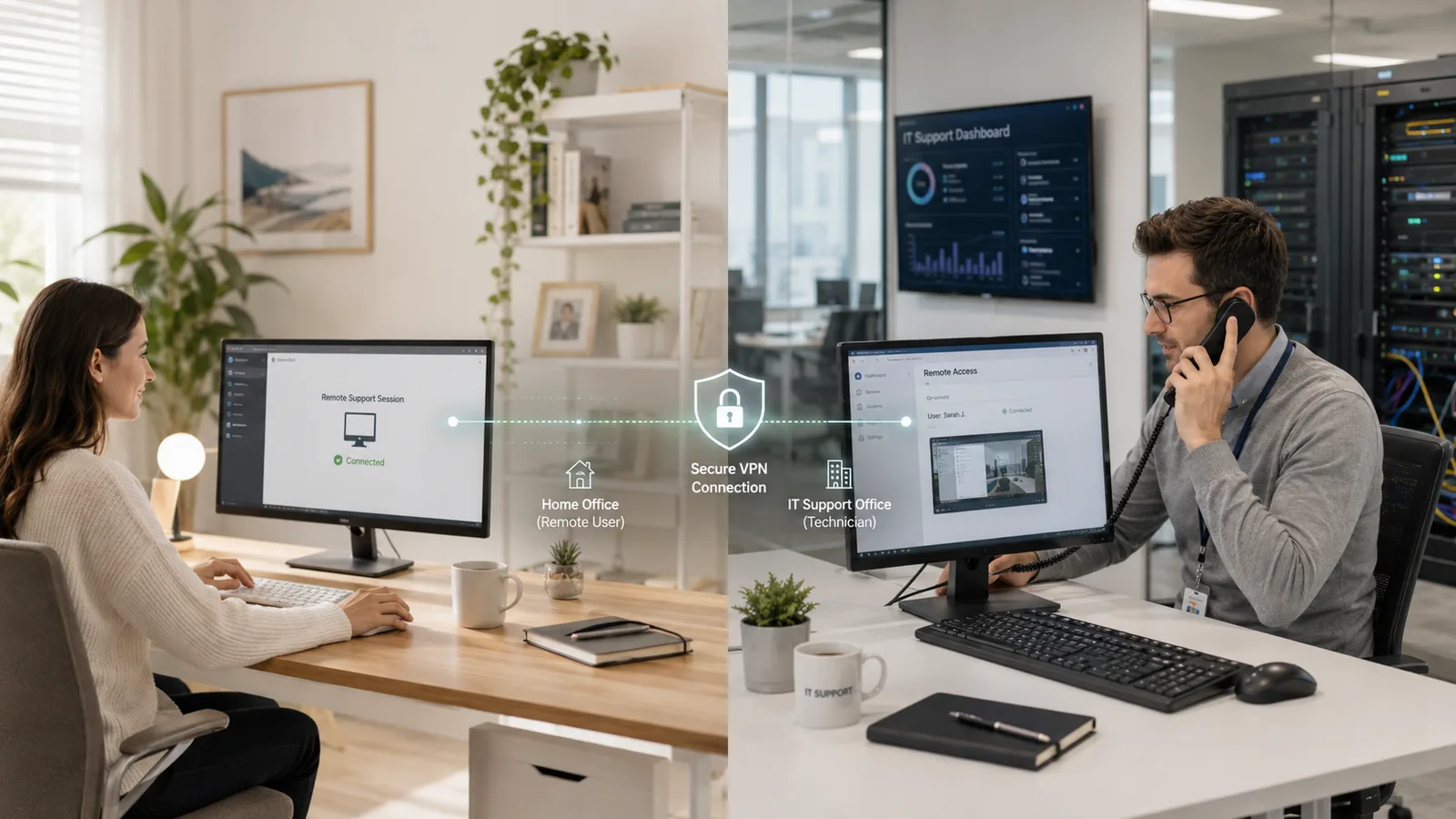 Secure remote IT support session connecting a home-office user with an IT support technician