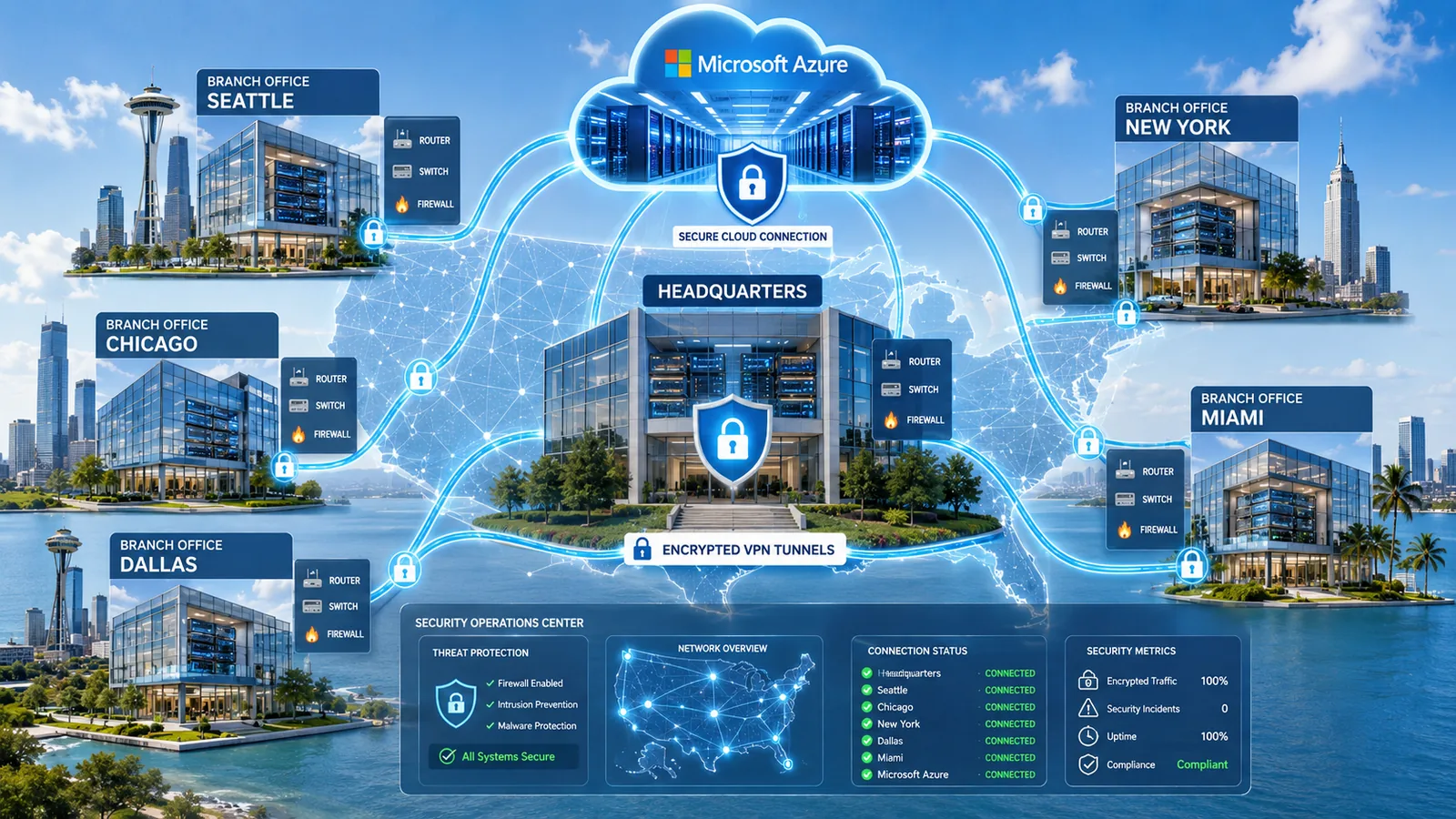 Network infrastructure illustration showing headquarters, branch offices, Microsoft Azure, encrypted VPN tunnels, and security monitoring