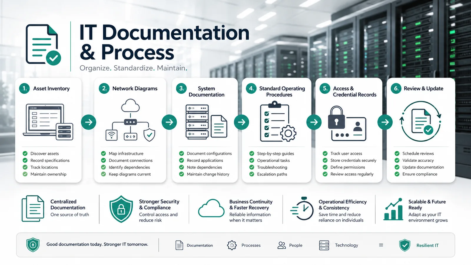 IT documentation and process diagram showing asset inventory, network diagrams, system documentation, procedures, access records, and review cycles