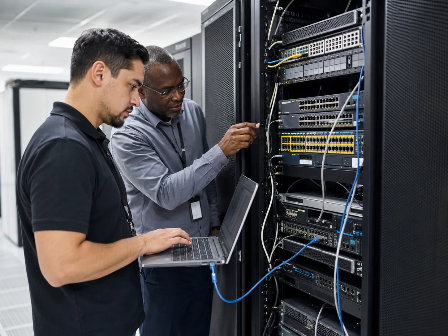 IT technicians reviewing network equipment in a server rack