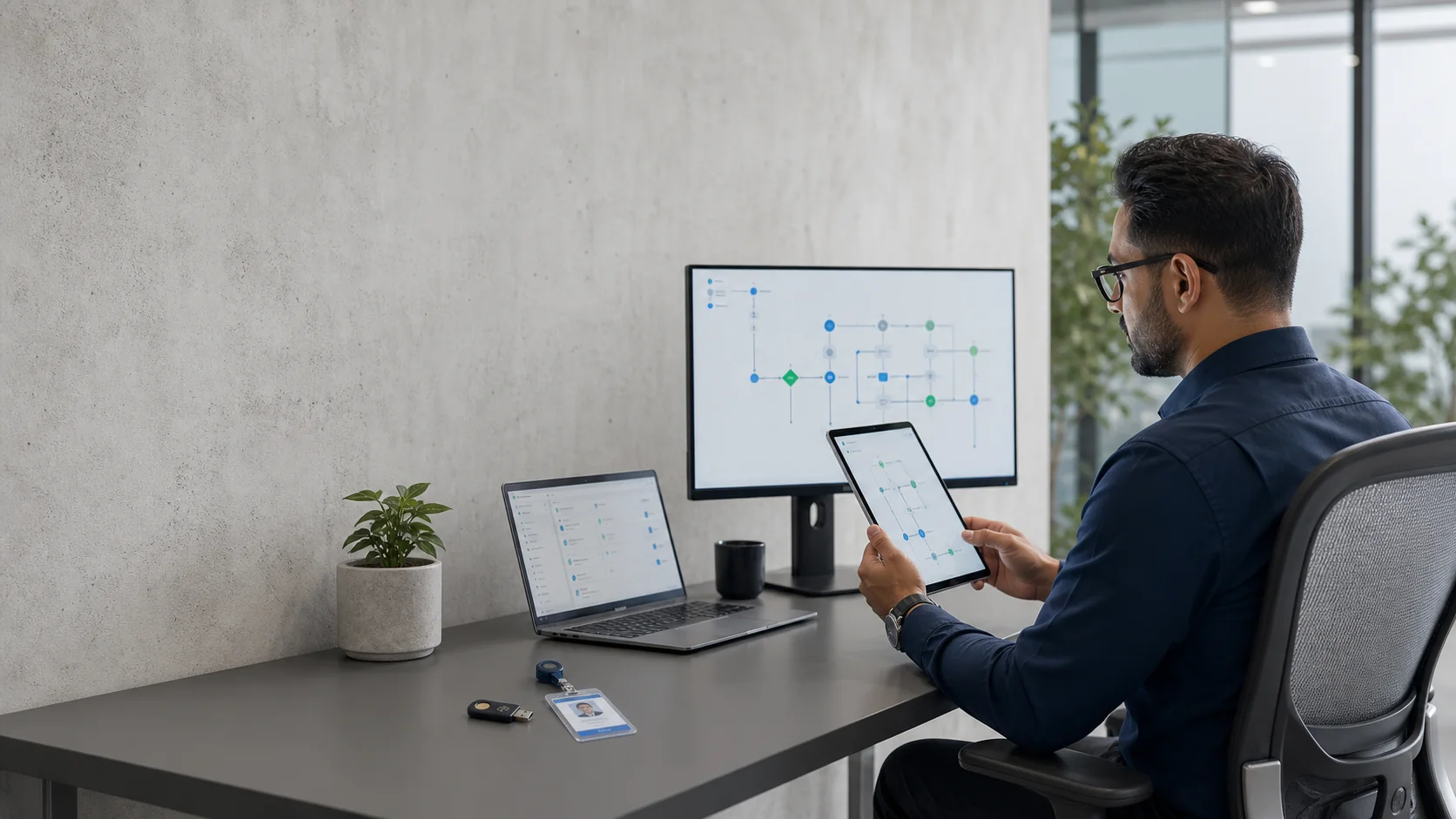 Identity security engineer reviewing multifactor authentication and conditional access policy flow