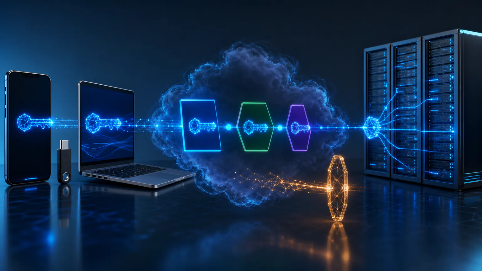 Phishing-resistant passkey authentication path connecting a secure device, identity control plane, Conditional Access decisions, and protected cloud applications