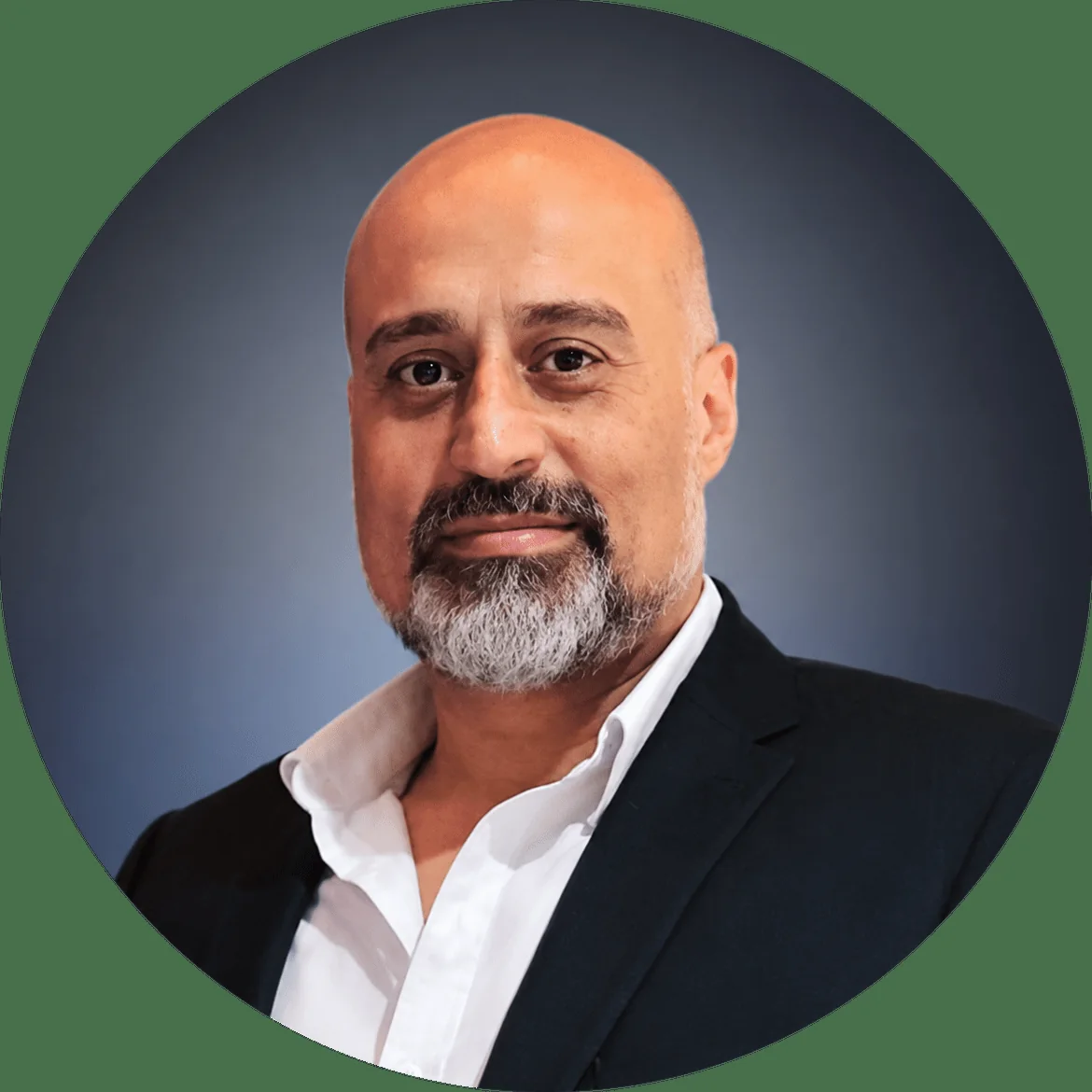Ali Hassani headshot with blue background