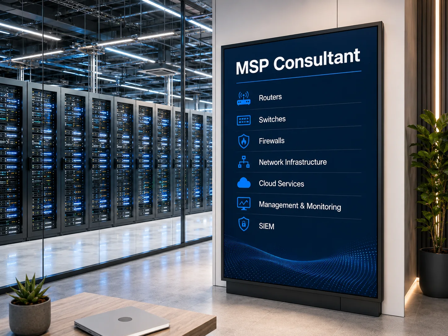 MSP consultant services for routers, switches, firewalls, network infrastructure, cloud services, management, monitoring, and SIEM