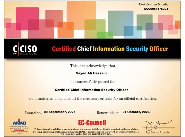 CCISO certificate for Ali Hassani - Certified Chief Information Security Officer
