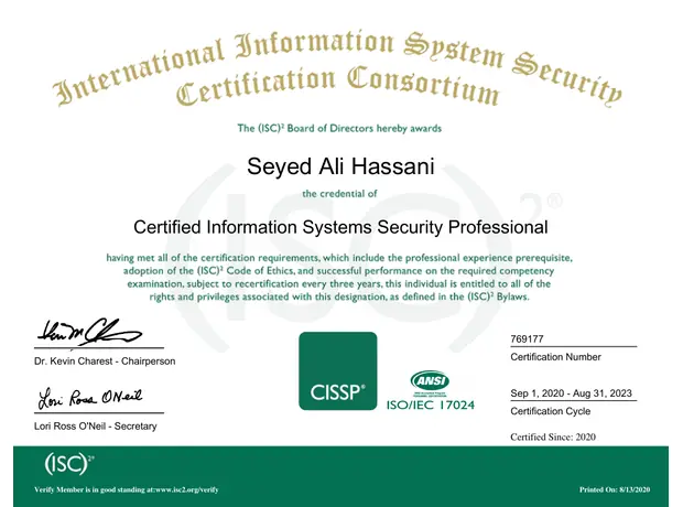 CISSP certificate for Ali Hassani - Certified Information Systems Security Professional