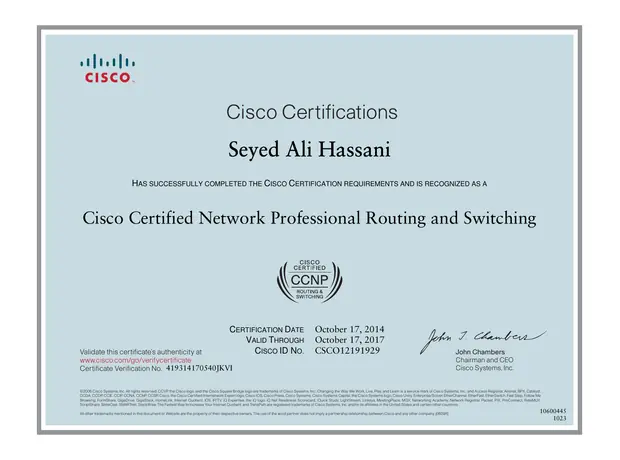 CCNP certificate for Ali Hassani - Cisco Certified Network Professional — Routing & Switching
