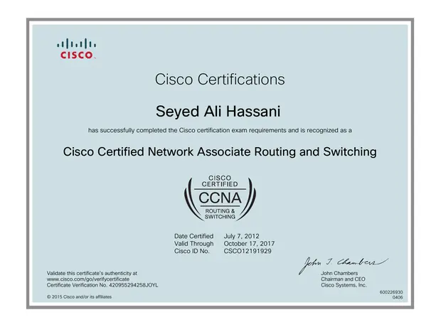 CCNA certificate for Ali Hassani - Cisco Certified Network Associate — Routing & Switching