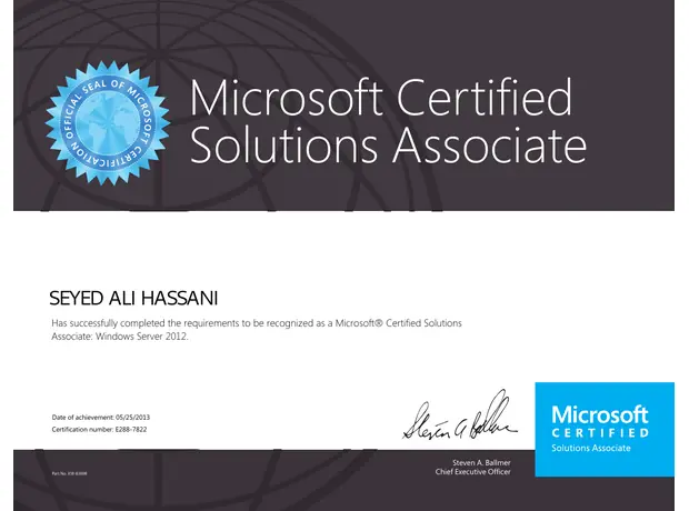 MCSA certificate for Ali Hassani - Microsoft Certified Solutions Associate