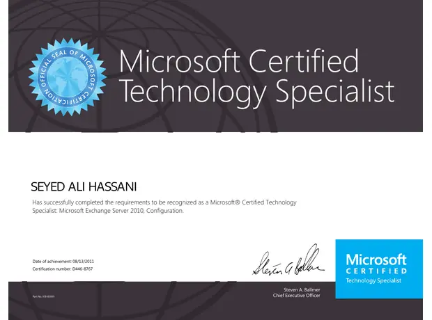MCTS certificate for Ali Hassani - Exchange Configuration