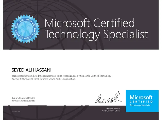 MCTS certificate for Ali Hassani - Small Business Server Configuration