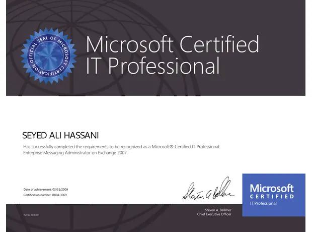 MCITP certificate for Ali Hassani - Enterprise Messaging Administrator