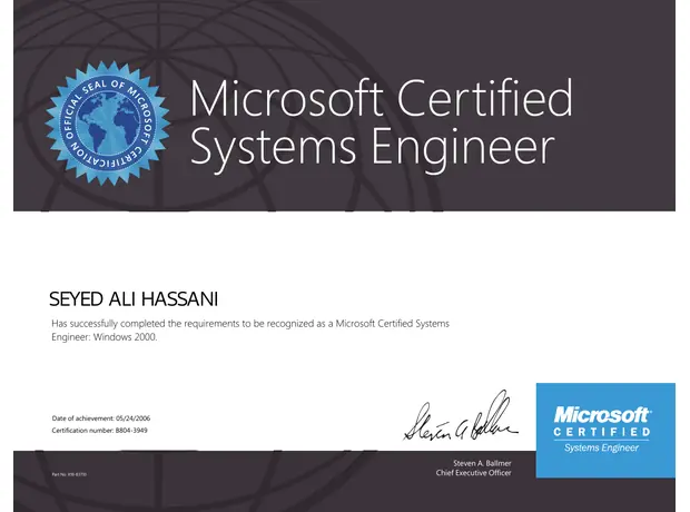 MCSE certificate for Ali Hassani - Microsoft Certified Systems Engineer