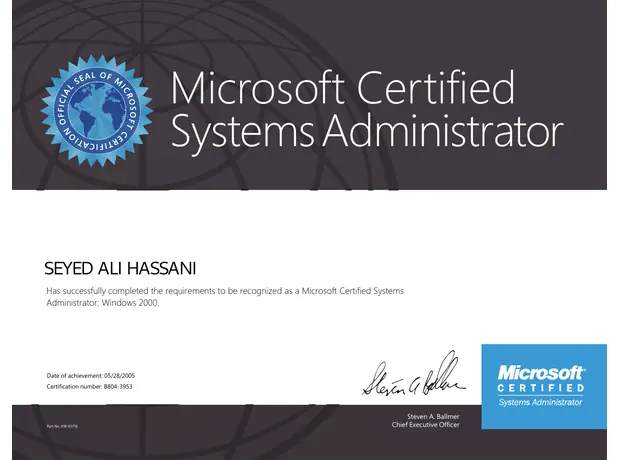 MCSA certificate for Ali Hassani - Microsoft Certified Systems Administrator