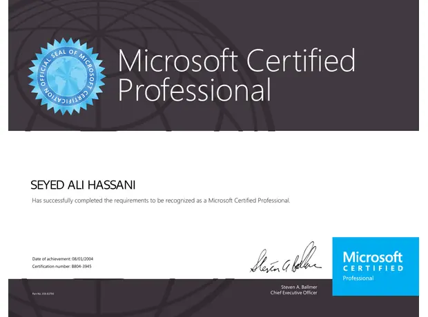 MCP certificate for Ali Hassani - Microsoft Certified Professional