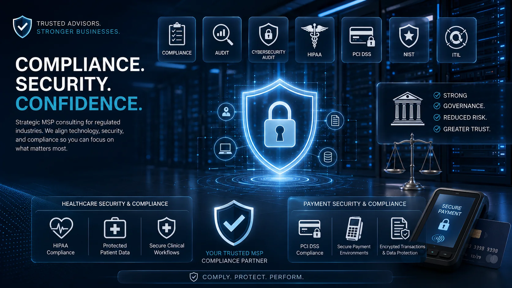 Compliance, security, and client-confidence consulting services for MSP owners and regulated businesses