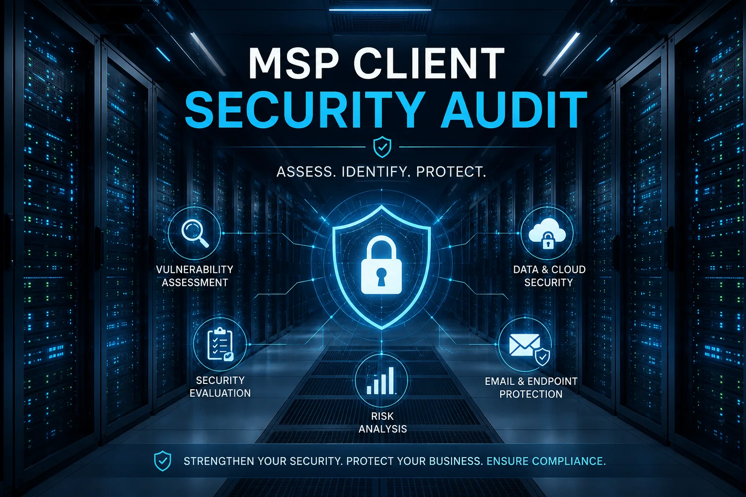 MSP client security audit dashboard in a professional data center environment